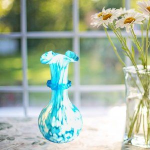 Blue and White Splatter Art Glass Vase Ruffle Top Table Centerpiece Home Decor